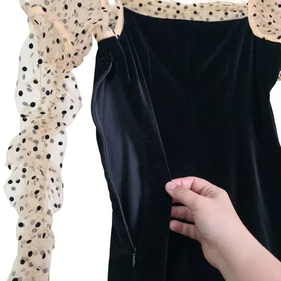 Doen Criselda Midi Dress Black Velvet Polka Dot Puff‎ Sleeve Heirloom Size 00 - Picture 9 of 12